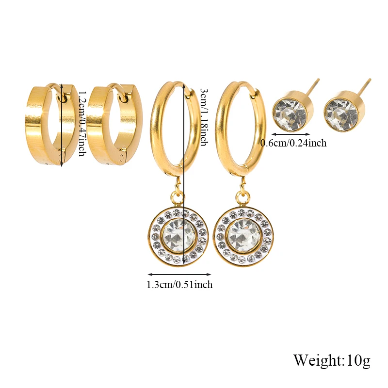 GANEMLY 316L Stainless Steel 3-Pair Metal Round Zircon Earrings Set For Women New Fashion Waterproof Ear Stud Jewelry Gifts