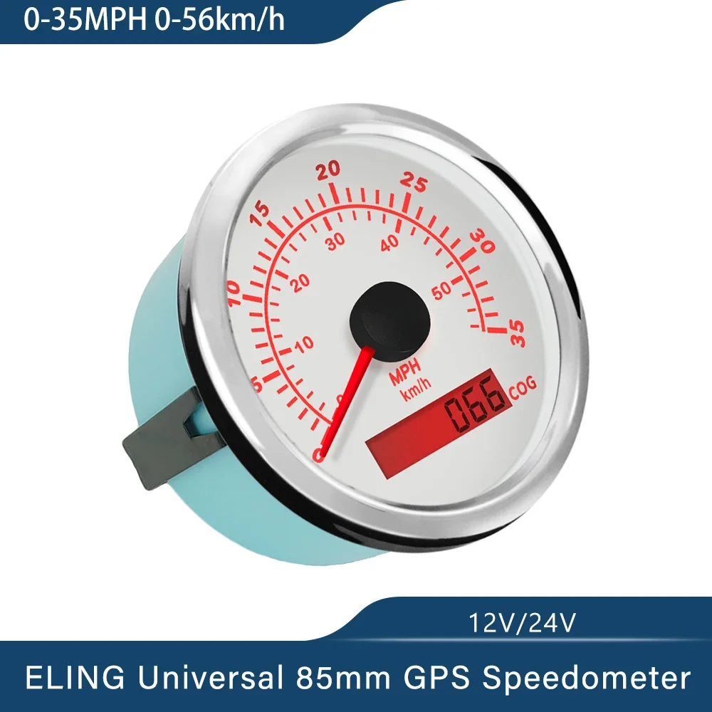 ELING Waterproof Marine 85mm 0-35MPH 0-80MPH GPS Speedometer with GPS Antenna Red Backlight 12V 24V for Truck Boat SUV