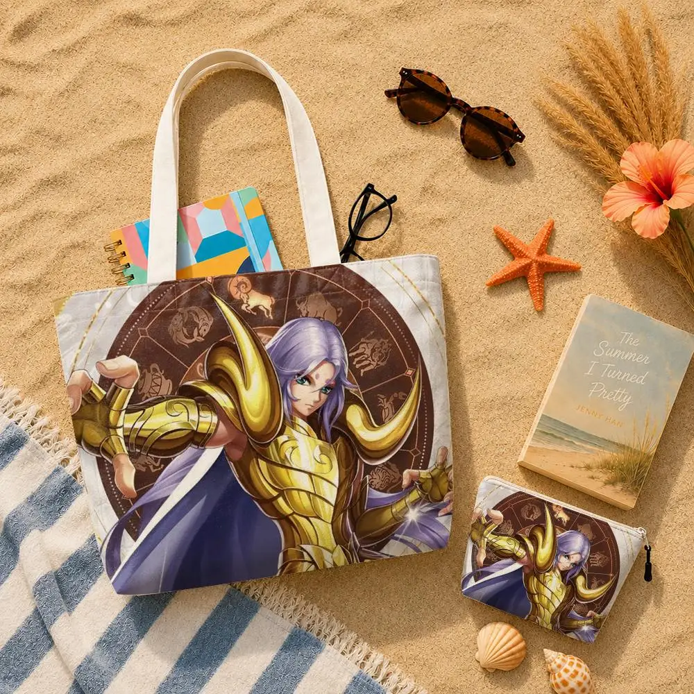 Animation 12 Gold S-Saint Seiya Storage Bags Canvas Double-Sided Print Set 2-Piece Shopping Bag with Zipper for Work and Travel