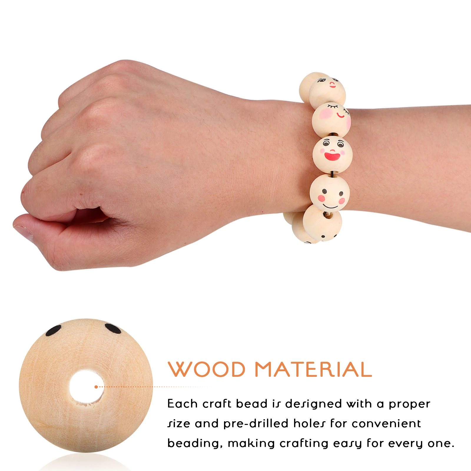 100pcs 20mm Wooden Beads Natural Smile Faces Craft Bulk Large Holes DIY Bracelets Jewelry Making Decorative Spacer Beads