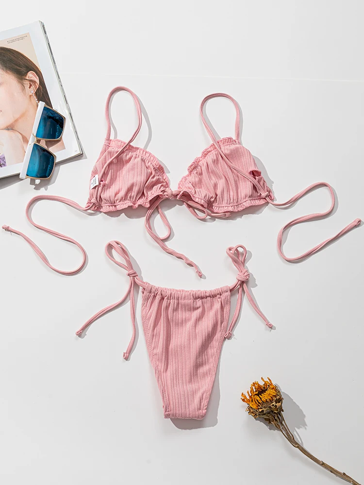 New 2025 Sexy Swimsuit Pit stripe Bikini Women Swimwear  Bathing Suits Push Up Biquinis Bandage Beachwear Solid Bikini Sets