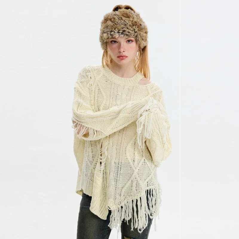 Hollow Out Oversize Sweaters For Women 2024 Asymmetrical Tassels Knitted Pullover Sweater Y2K Streetwear Grunge Clothes