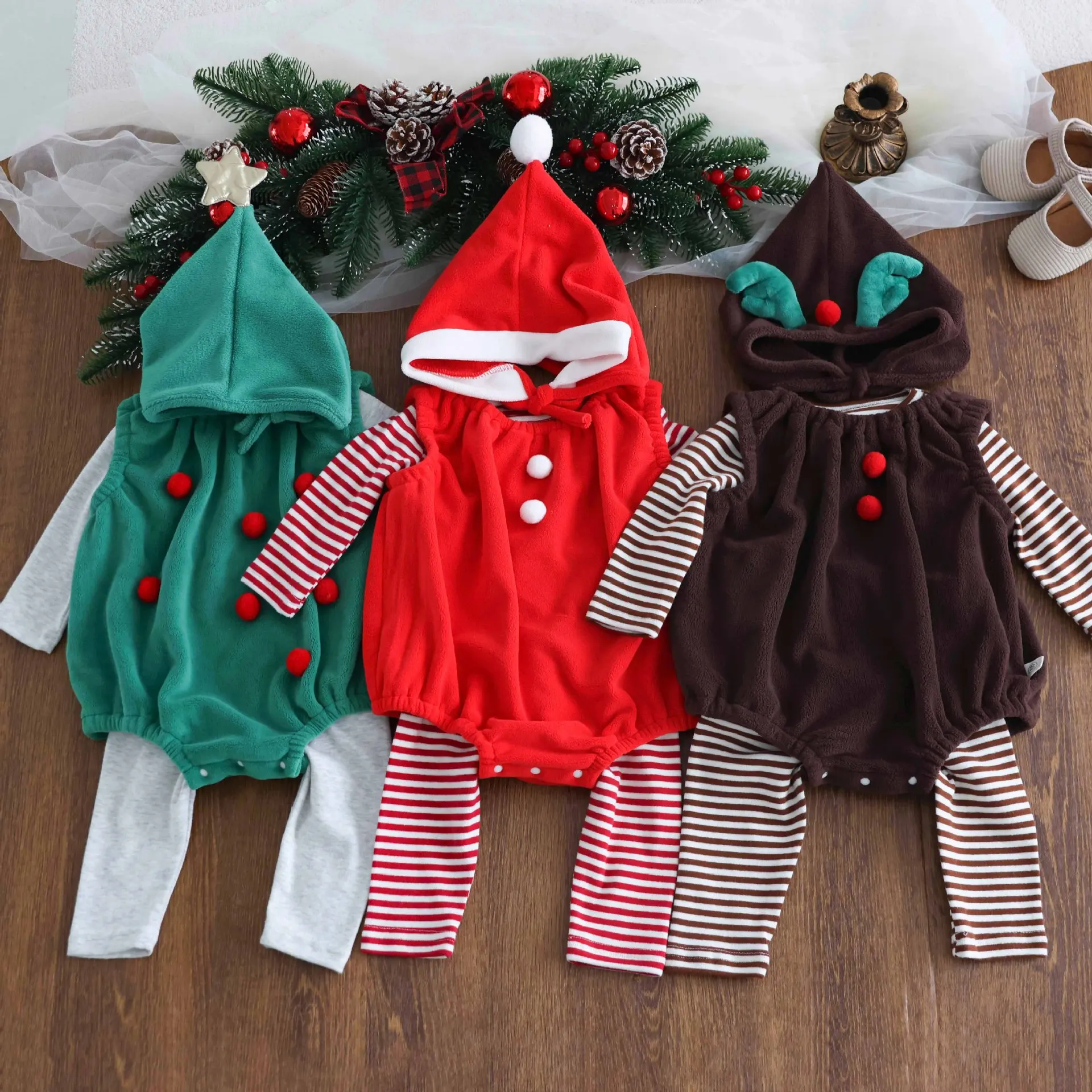 2024 Ins Winter Christmas Baby Boys 4PCS Clothes Set Cotton Striped Pajamas+Velvet Loose Sleeveless Romper+Solid Hat Suit