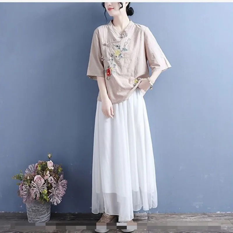 2024 New Spring SummerEthnic Style Large Size Cotton Linen Shirt Women Embroidered Blouse Chinese Style Stand Collar Tops 4XL