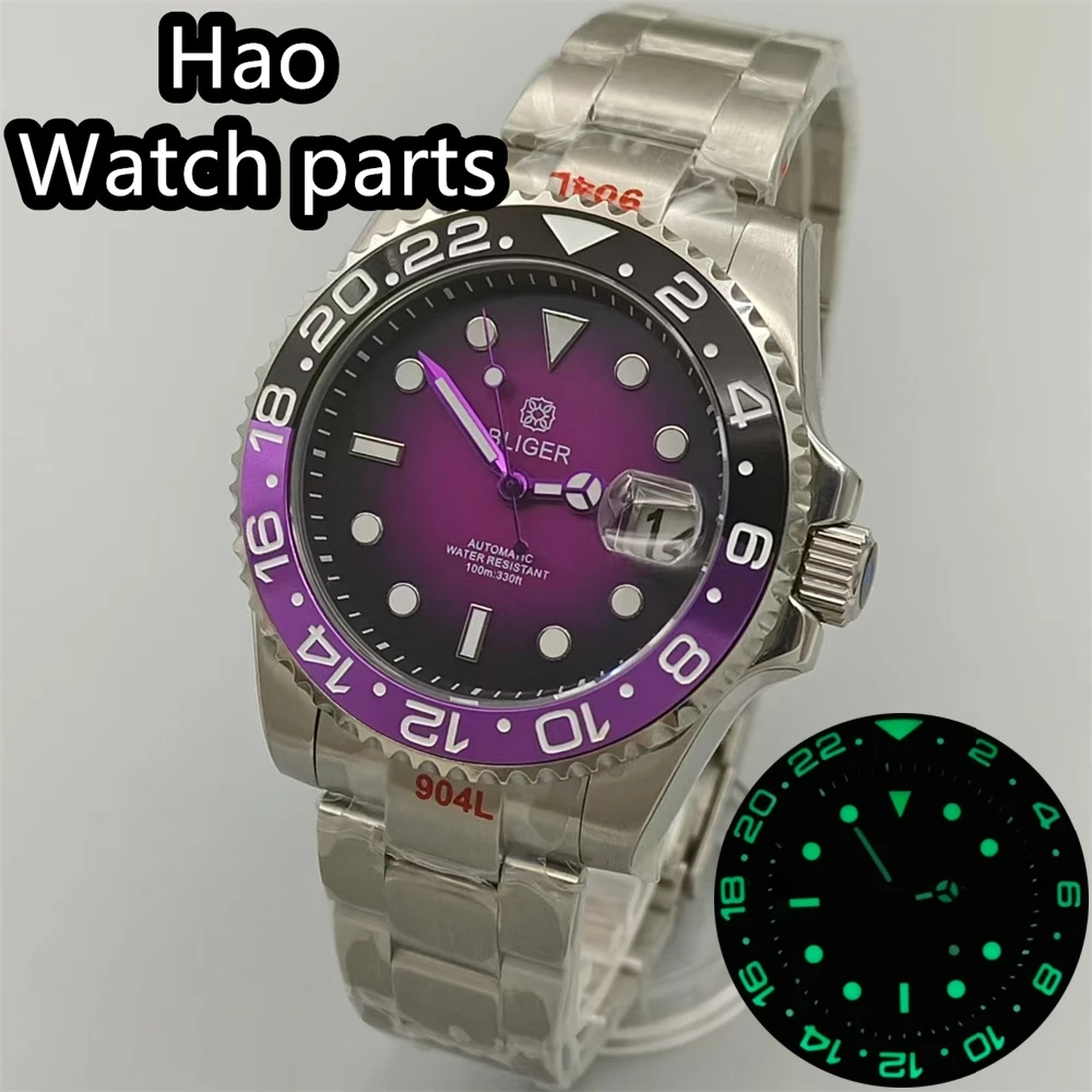 BLIGER 40mm Men Watch NH35 Automatic Mechanical Wristwatch Green Luminous Black&Purple Luminous Bezel Sapphire Glass Waterproof