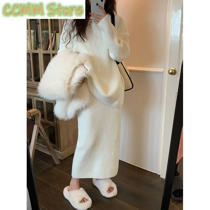 

New Autumn Korean Simple Pullover Loose Sweater High Waist Comfortable Skirt Set Autumn Two-piece Set vestidos