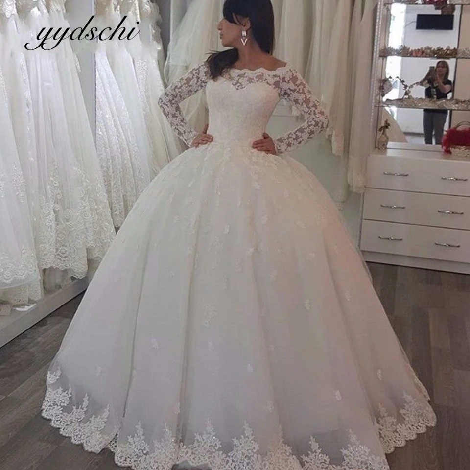 

2023 New Illusion White/Ivory Ball Gown Long Wedding Dress long Sleeves Bride Dresses Princess Tulle Elegant Wedding Gowns