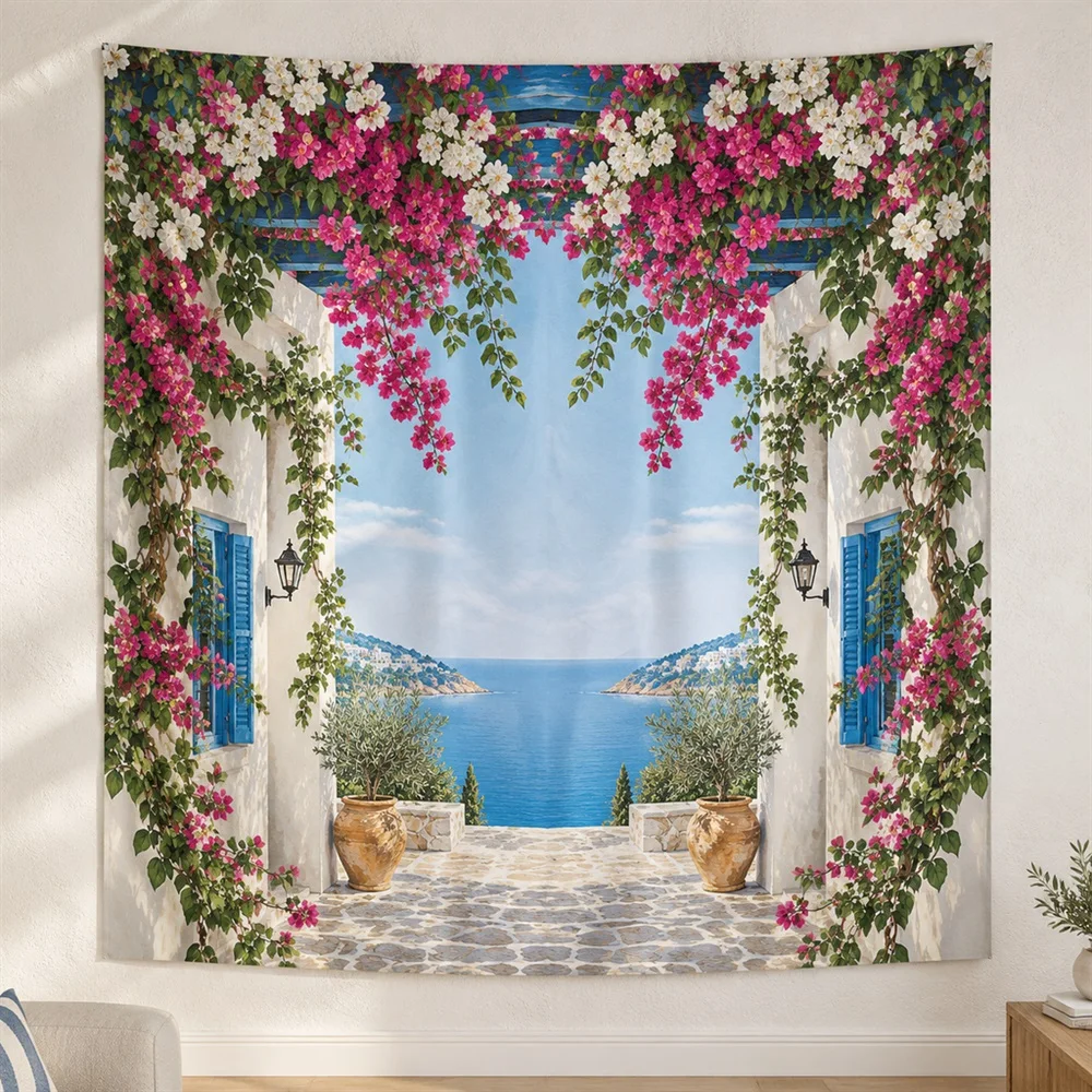VIKAMA Bougainvillea Wall Mirror Symmetric Tapestry Wall Hanging, Mediterranean Wall Decor Tapestries for Living Room Bedroom