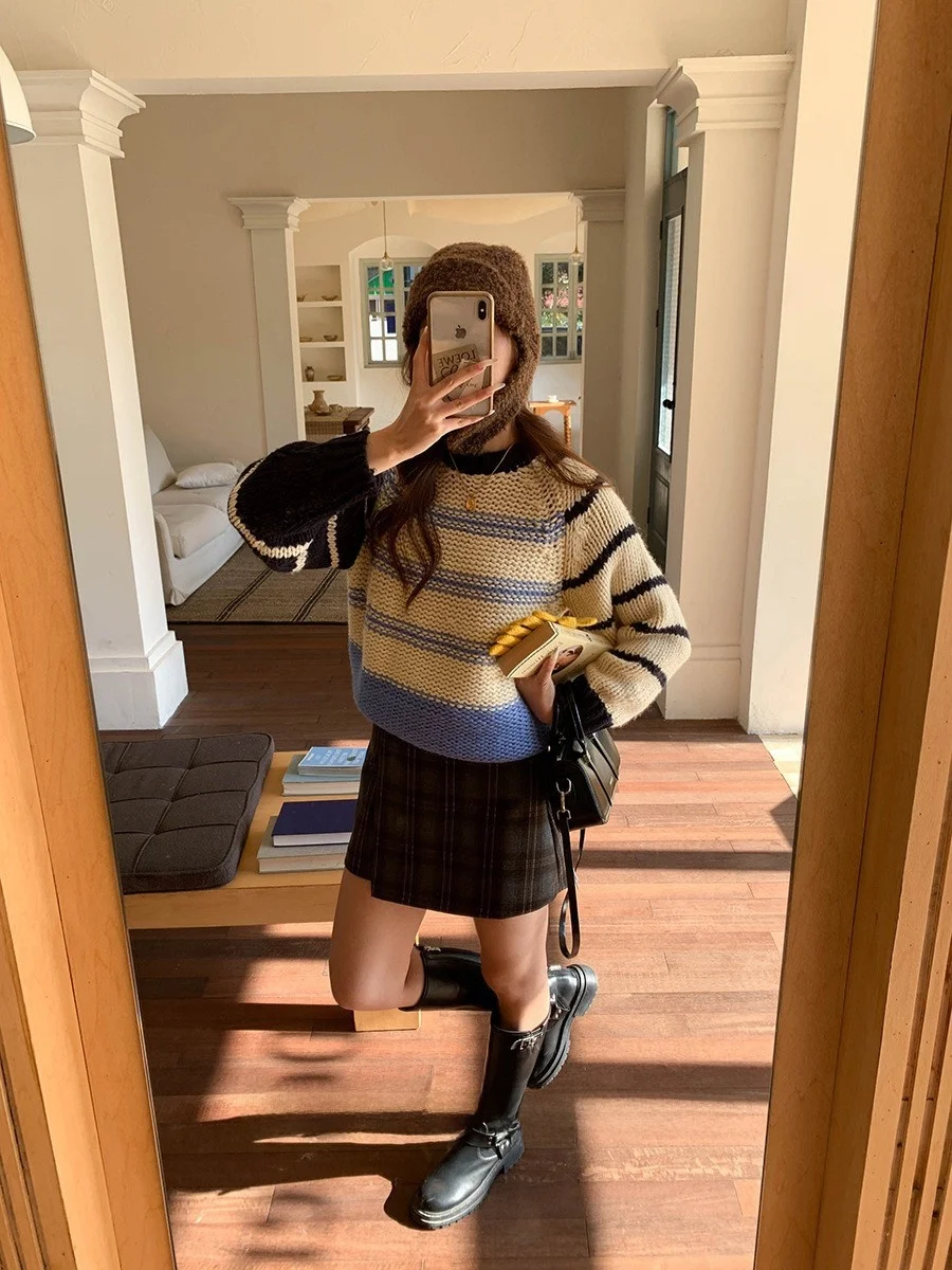 

Color Blo Striped ort Sweater Women's round Ne Knitted Top Korean Sle Autumn Winter New Arrival Simple Loose Fit Long...