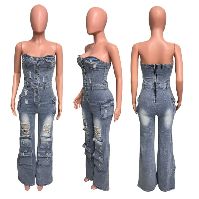 Y2k Women's Denim Jumpsuit Trendy Fashion Spice Chest Breasted Multi-Pocket Cargo Pants Hollow Out Sexy Streetwear Slim Overalls