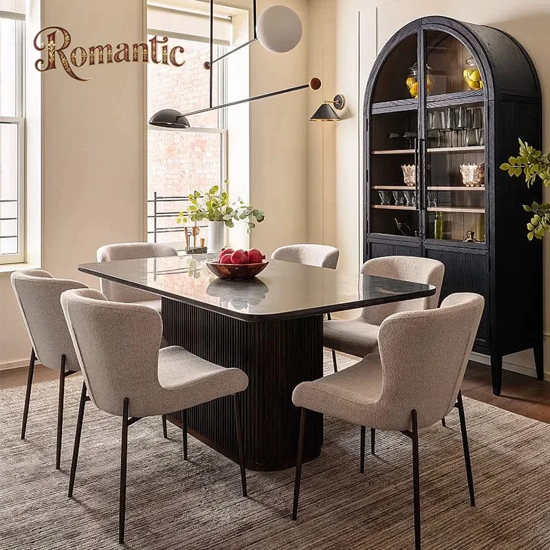 custom.American Art Designer Style Solid Wood Marble Dining Table Oak Wood Grain Dining Room Extended Rectangular Dining Table