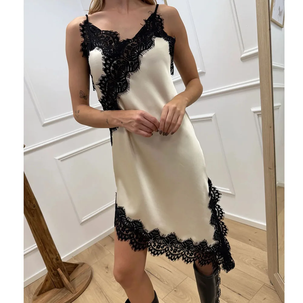 Frauen Sexy Satin Spitze Leibchen Mini Kleid Vintage Ästhetischen Ärmellose Spaghetti Strap Seide Cami Asymmetrische Slip Kleid