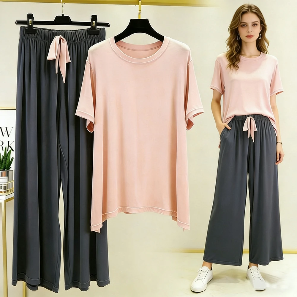 Summer New Soft Modal Pyjamas Set Women's Sleepwear Sleeping Clothes Ladies Short Sleeve Shirt And Wide-Leg Pants Nightwear Suit