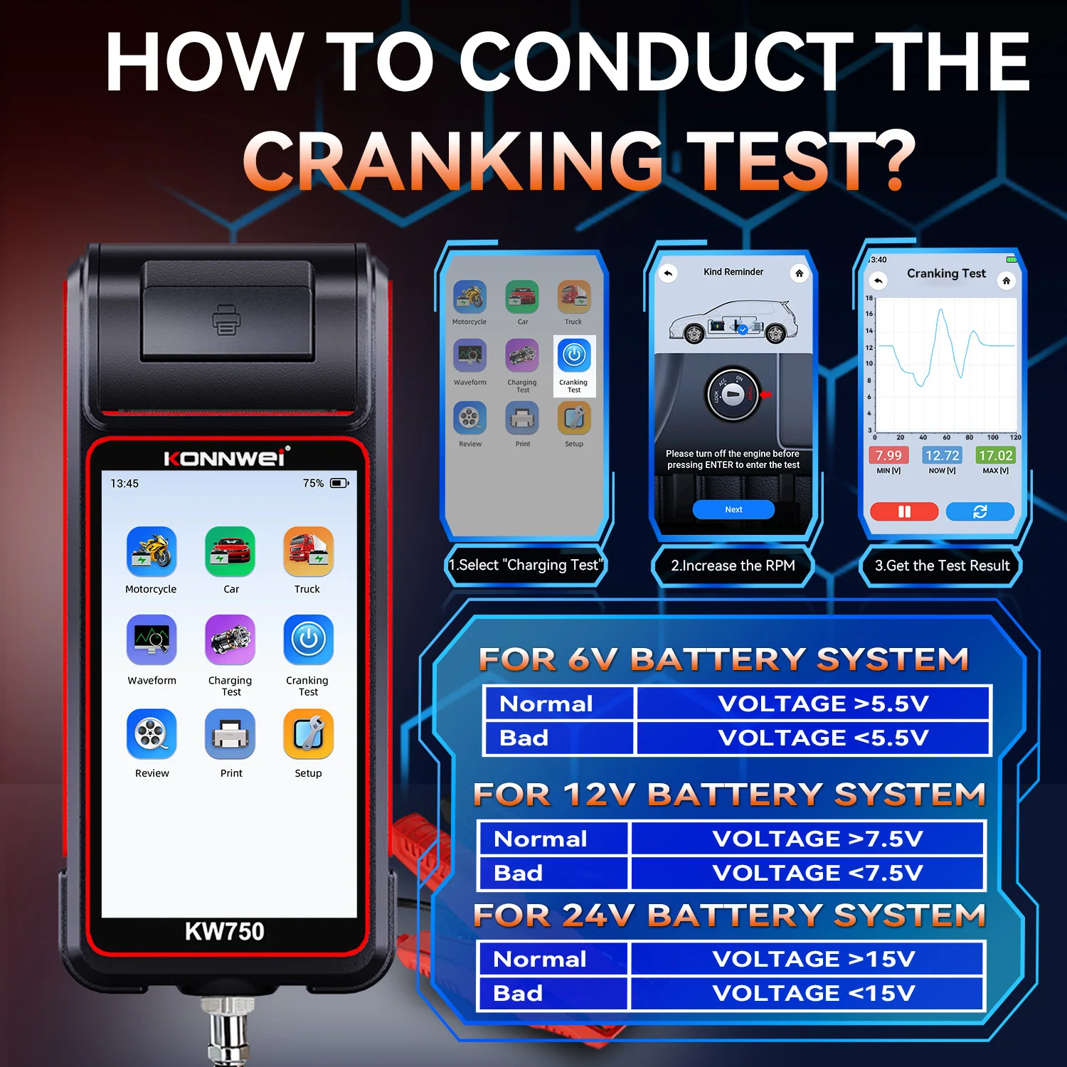 KW750 CCA 10-2000 Ah 5-220 Lead Acid Battery Tester