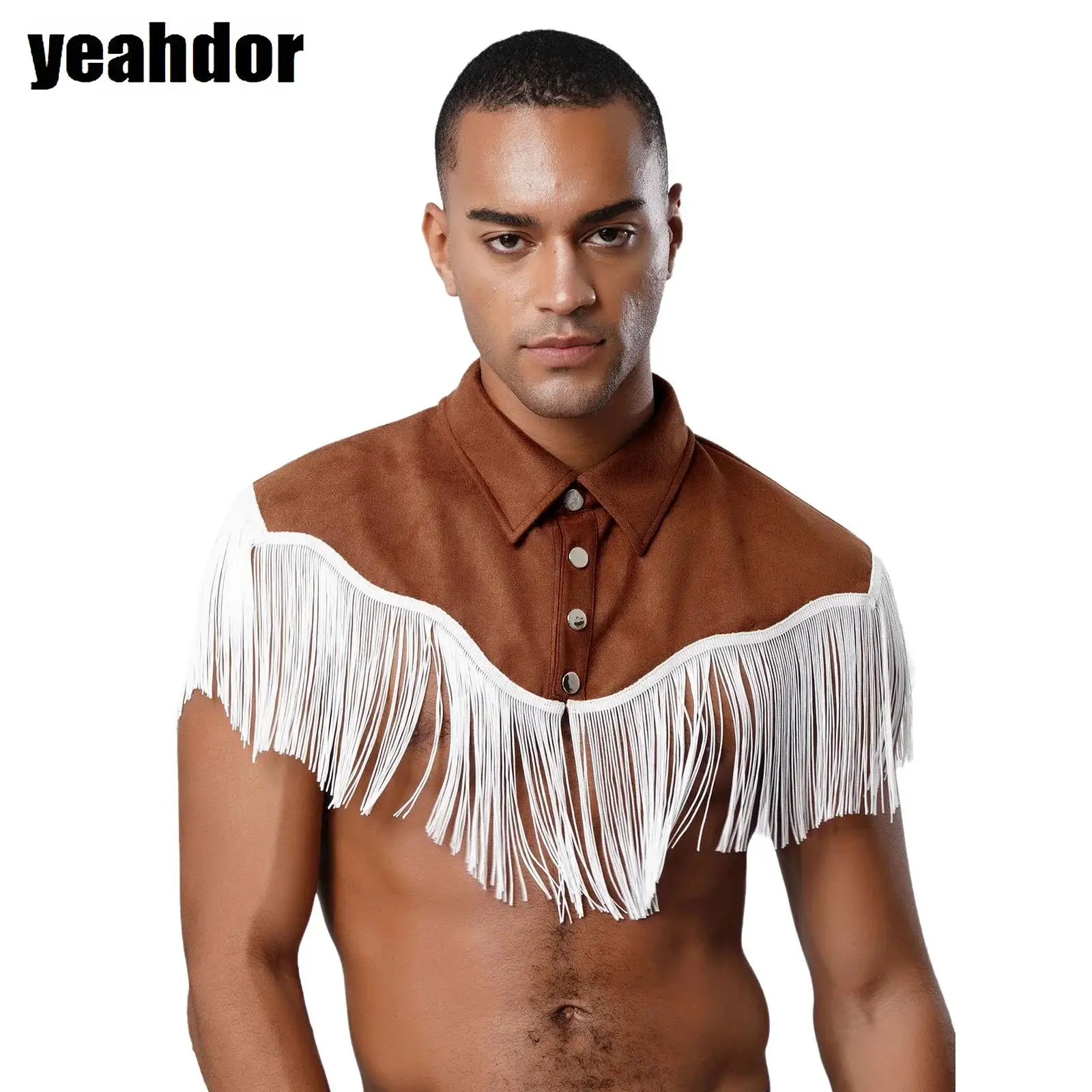

Men Faux Suede Tassel Vest Halloween Cosplay Western Cowboy Crop Top Turn-Down Collar Fringe Shoulder Shawl Shrug