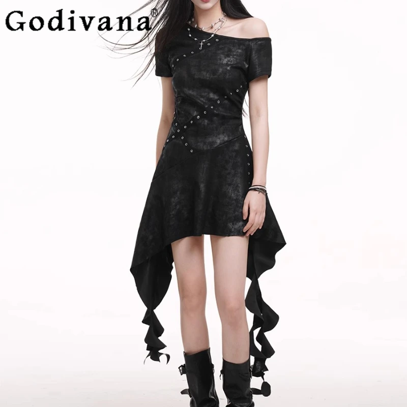 

Street Irregular Black Slanted Shoulder Short Dress 2025 Summer New Chic Unique Subculture Music Festival Cool Girl Slim Dresses