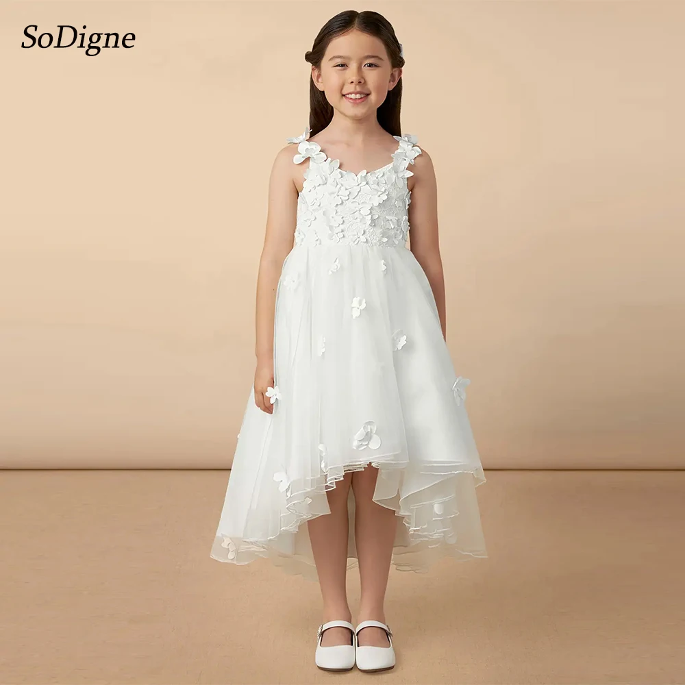 SoDigne A-line Flower Girl Dress Spaghetti Straps Tulle Appliques Skirt Girls Party Dresses Customized Kid Gown with Bow