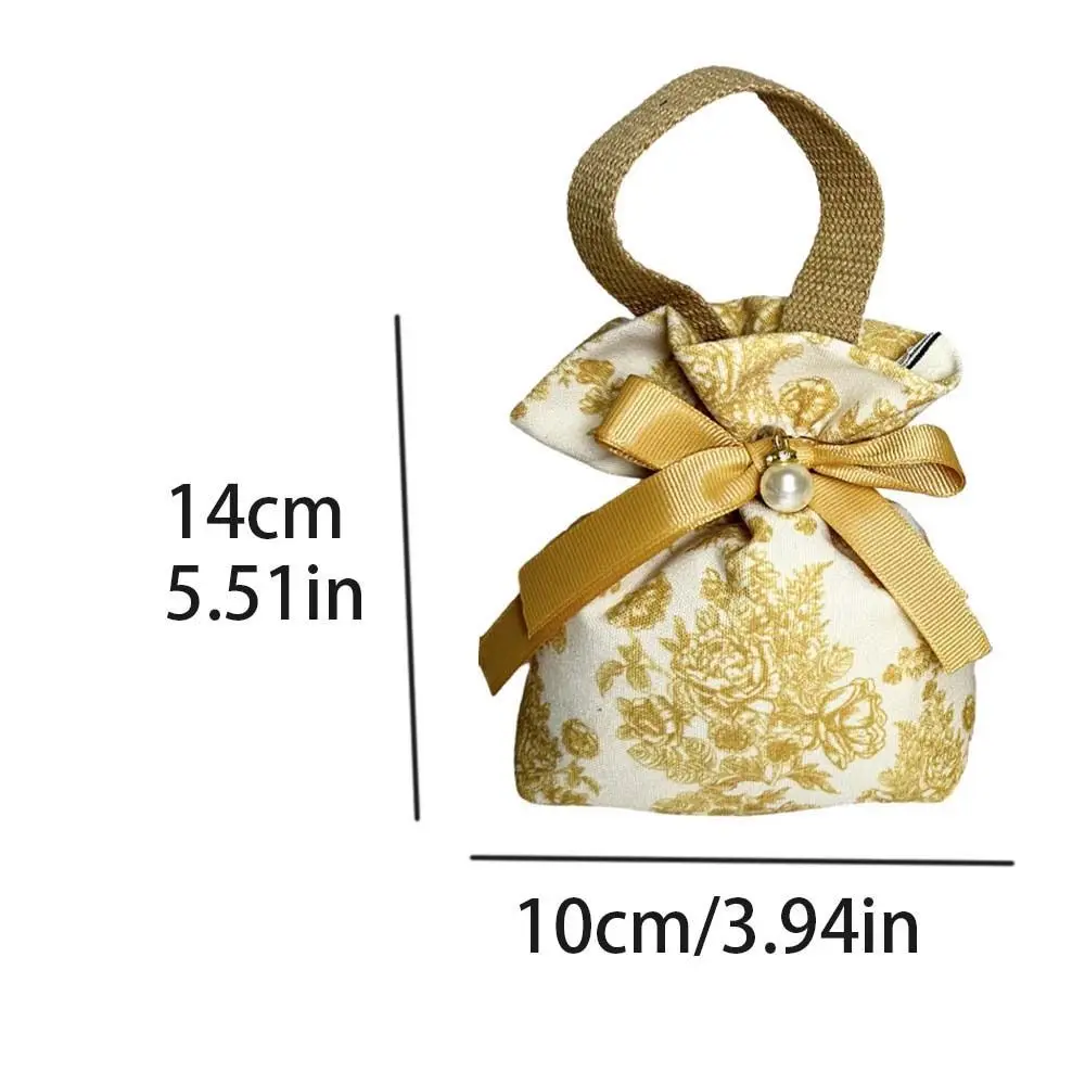 Saco de cordão floral de lona de cetim, pingente de pérola, fita bolsa bowknot estilo coreano, carteira de grande capacidade