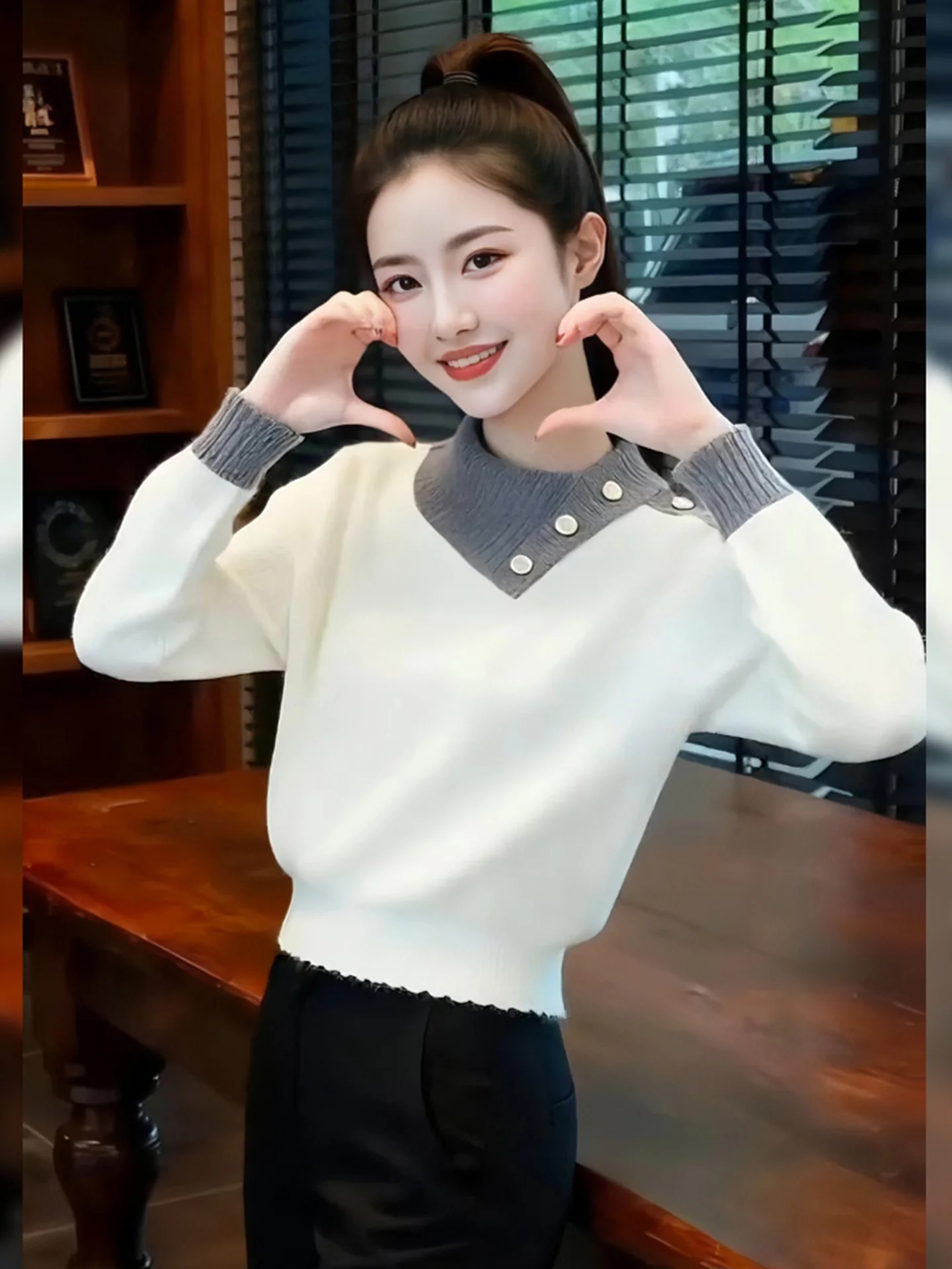 

Korean Design Unique Color Blo Knitwear Women's Collared Sweater Sli Versatile Autumn Winter Faionable Top