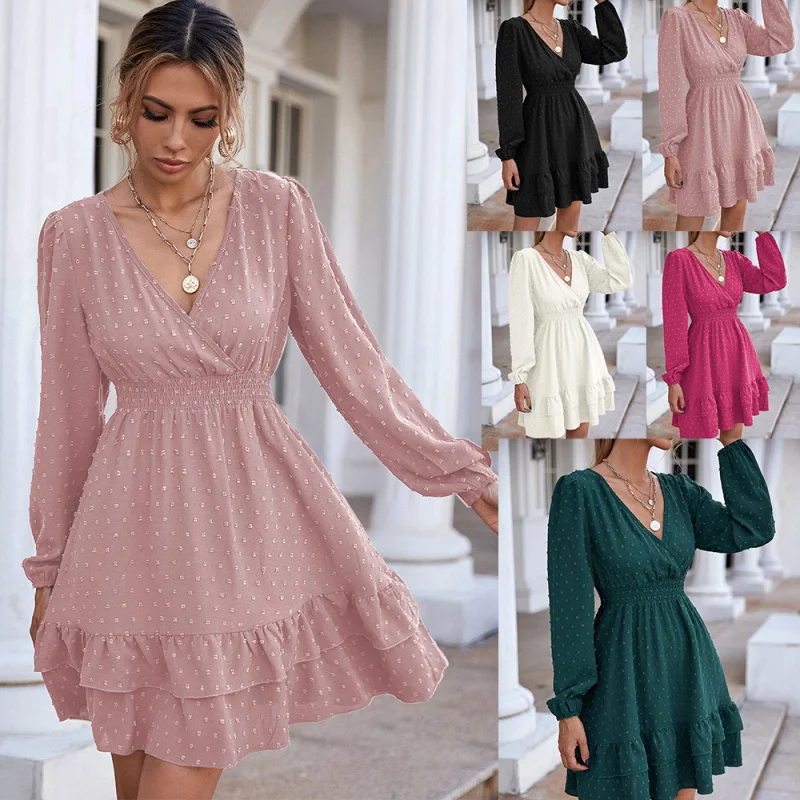 

Women's Wrap V Neck Long Sleeve Mini Dress Polka Dot Ruffled Tiered Waist Dress for Elegant Casual Daily and Date Night Wear ﻿