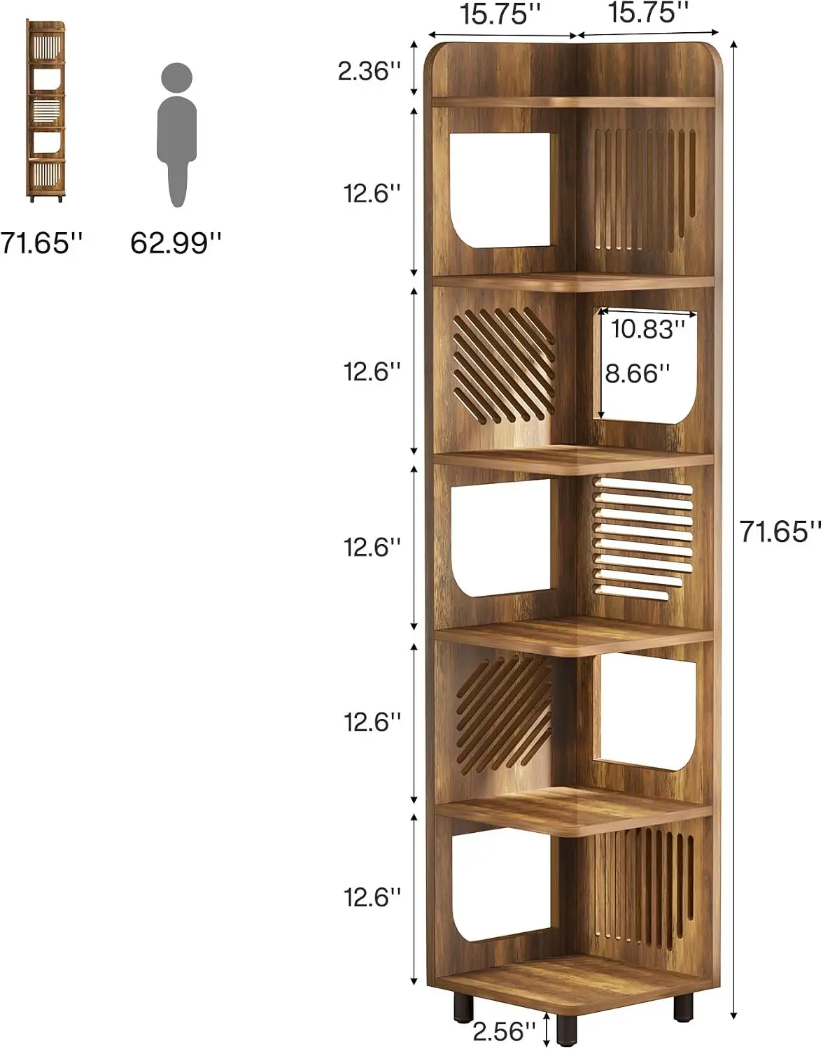 6-Tier Tall Corner Shelf, 71-Inch Rustic Narrow Corner Bookshelf Bookcase with Square Rack, Freestanding Corner, Customized