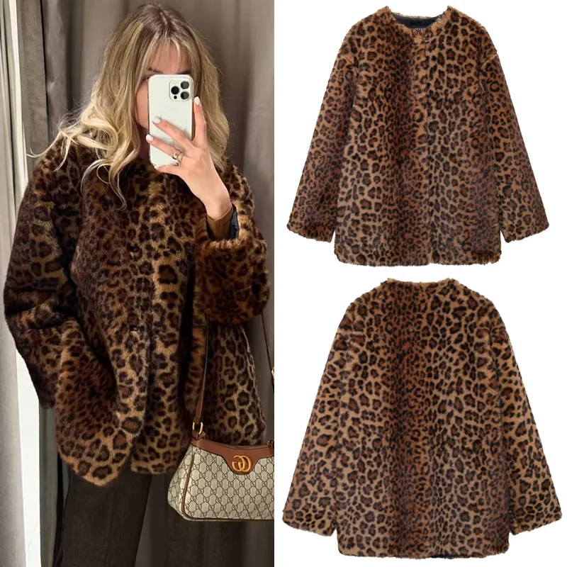 HXAO Leopard Faux Fur Coat Women Autumn Fluffy Plush Jacket Warm Winter Woman Coat New In Outerwears Outdoor Demi-Season Jacket