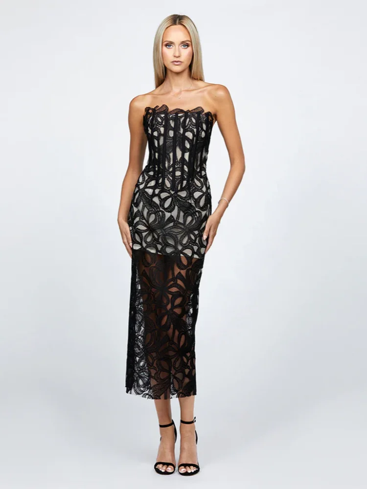 Sexy trägerloses Spitzen-Blumen-Bodycon-Kleid für Damen, schwarz, ärmellos, rückenfrei, mit Schnürung, Midi-Kleider, Promi-Abend-Party-Kleider