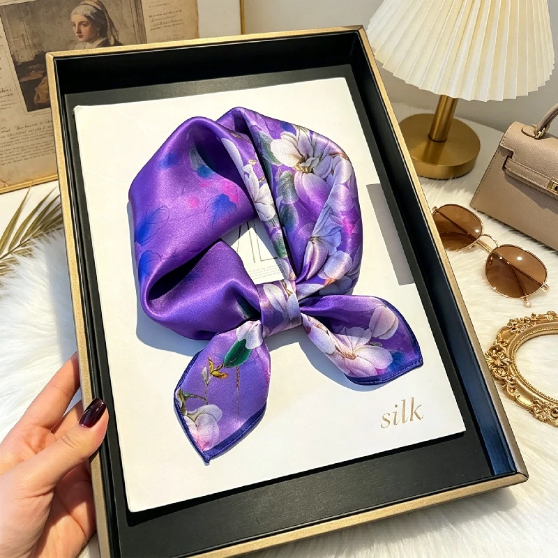 

Hangzhou Silk Women's Korean Edition Romantic Purple Printed Silk Scarf 100% Mulberry Silk Scarf Thin Decorative Scarf