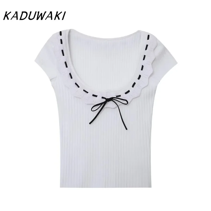 

KADUWAKI French Stacked Decoration Color Contrast Strap Tops Summer Women's Wear Slim Rib O Neck Short Sleeve T-shirts 민소매 티 여성