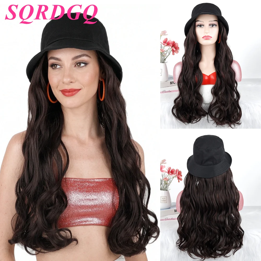 SQRDGQ Hat Wig Woman Long Wave Sunshade Cap Wig with Curly Synthetic Hair Extensions Natural Black Brown Hat Wigs for Woman