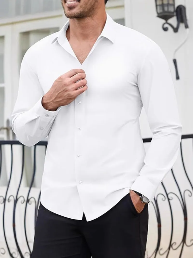 مرونة عالية سلس قمصان الرجال طويلة الأكمام العضلات قميص رياضي الحجم الأوروبي لا الكي الأعمال المهنية عمال السببية #6