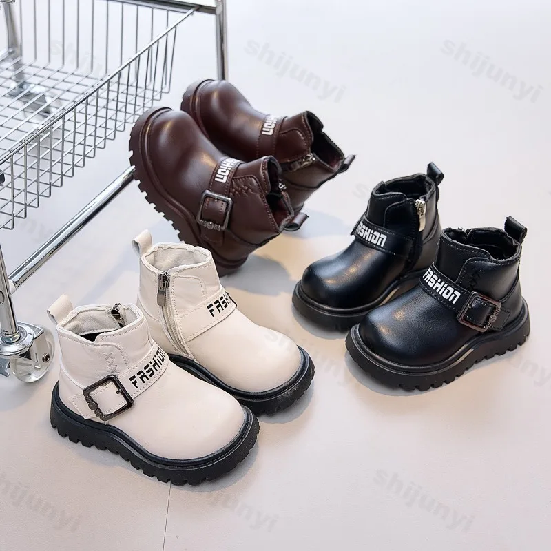 Autumn Children Ankle Boots 2025 Comfortable Anti Slip Girl Platform Short Boots Fashion British Zipper Outdoor Leather Boots
