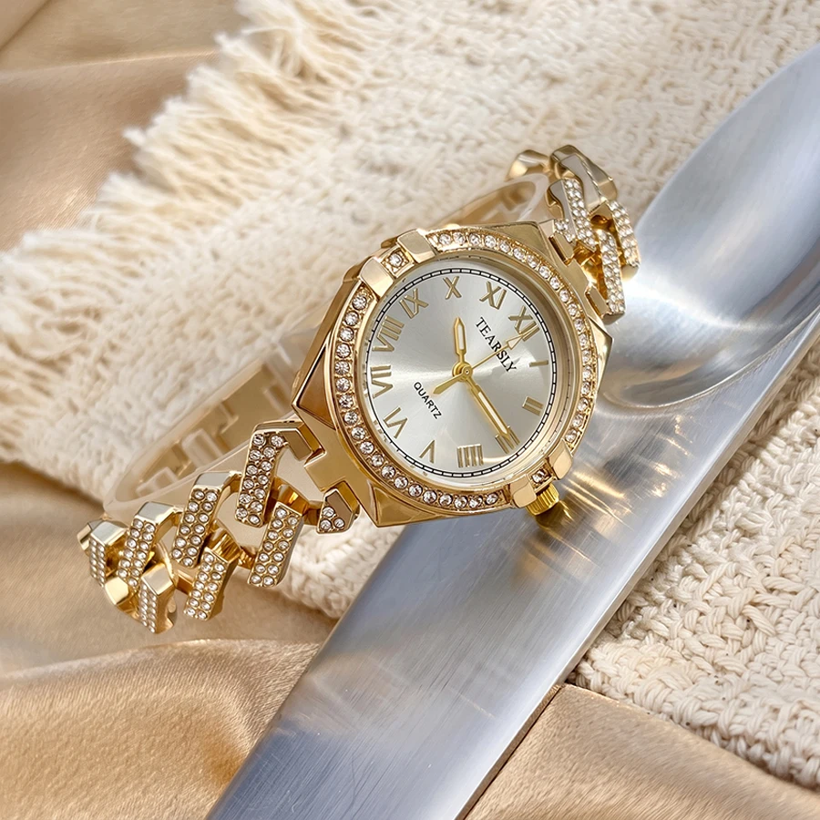 Luxury Round Diamond-Set Dial Flexible Diamond Chain Strap Gold Watch for Woman