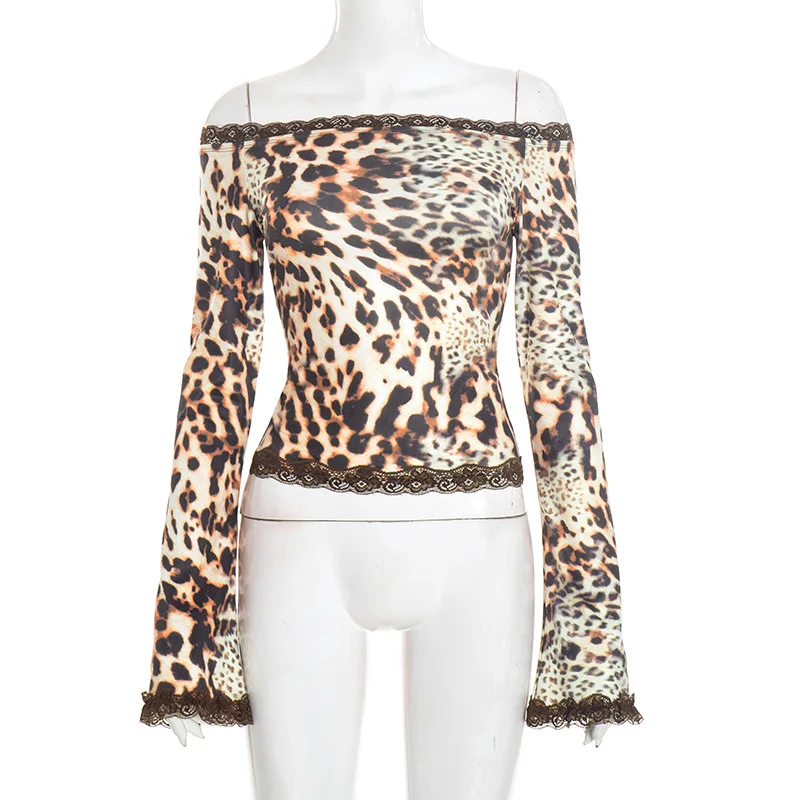 

New leopard print slash neck long sleeved slim fit short section t-shirt for women