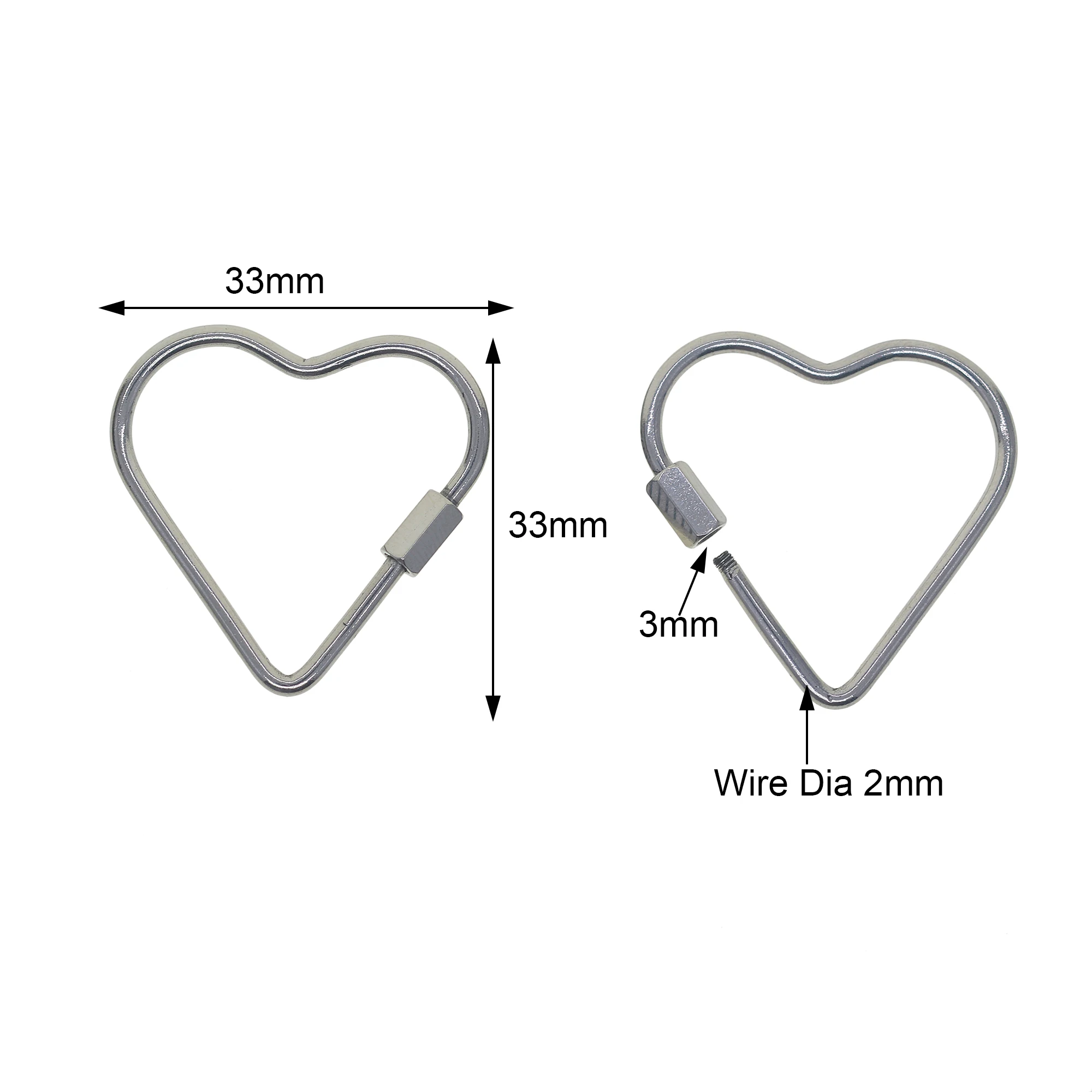 creative fine mirror polished 33mm Large 304 stainless steel heart screw lock Carabiner Keyring Keychain chain jewelry DIY clasp