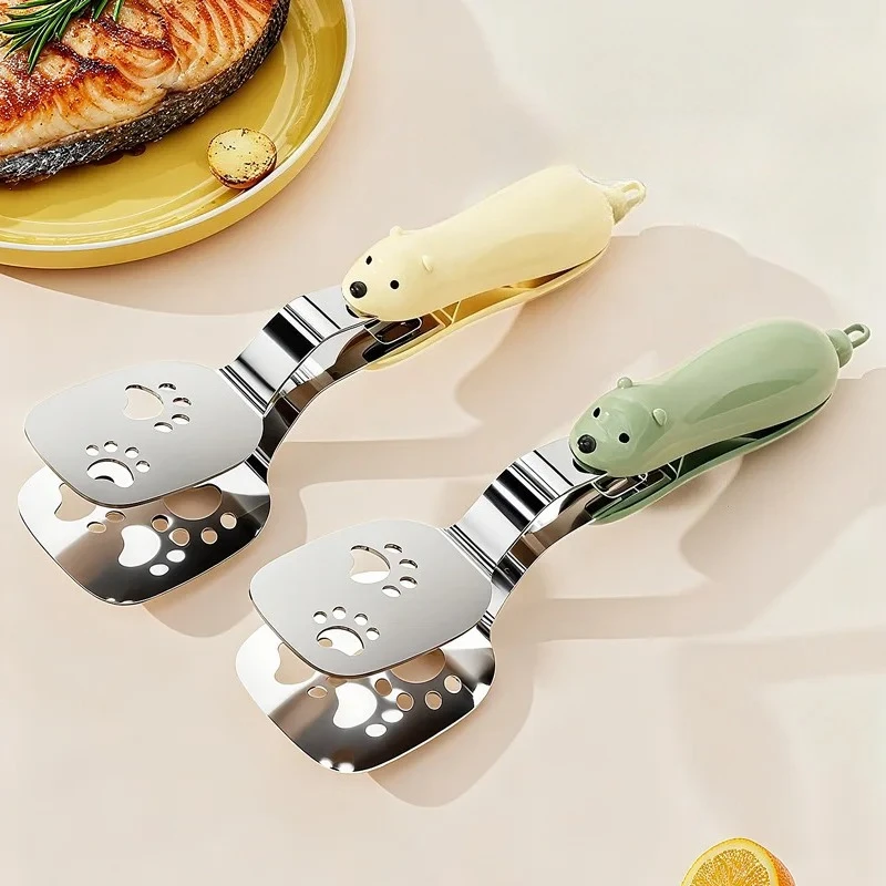 Cute Bear-shaped Fish Frying Spatula Clamp Two-in-one Stainless Steel Food Extended Anti-slip Oil-draining Heat Insulation Clamp