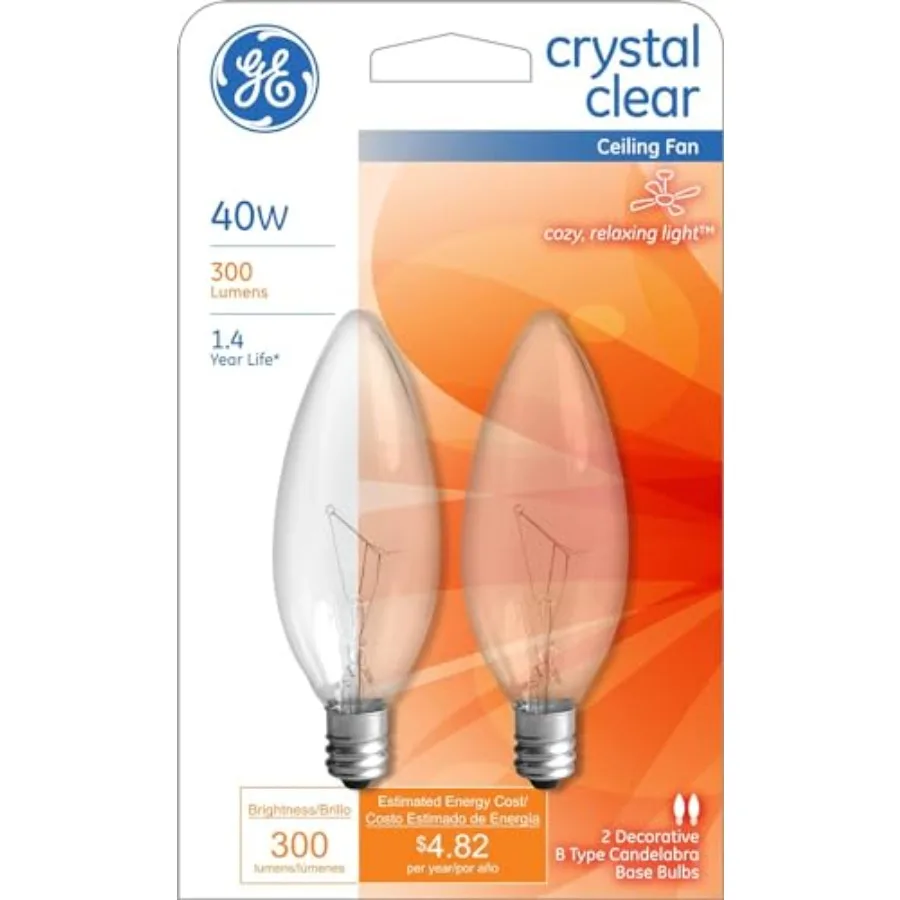 Ceiling Fan Light Bulbs Blunt Tip 40 W 280 Lumens Candelabra 3.19 in. C-7a Clear Carded 2 Pack