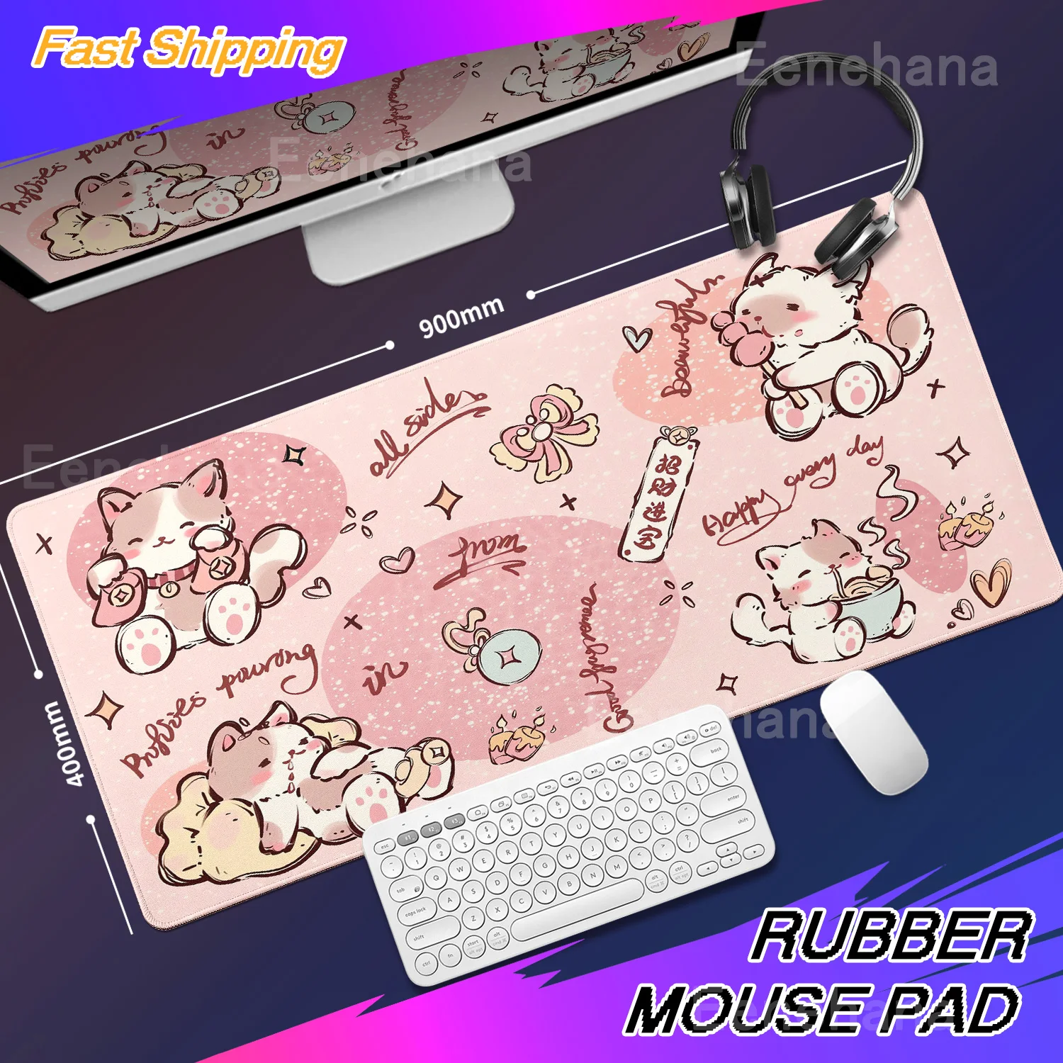 Cute Pink Purple Cat Mousepad Gaming Large Anti-slip Mouse mat Computer Gamer Office Accessories Desk Mat Lock Edge Gaming pad