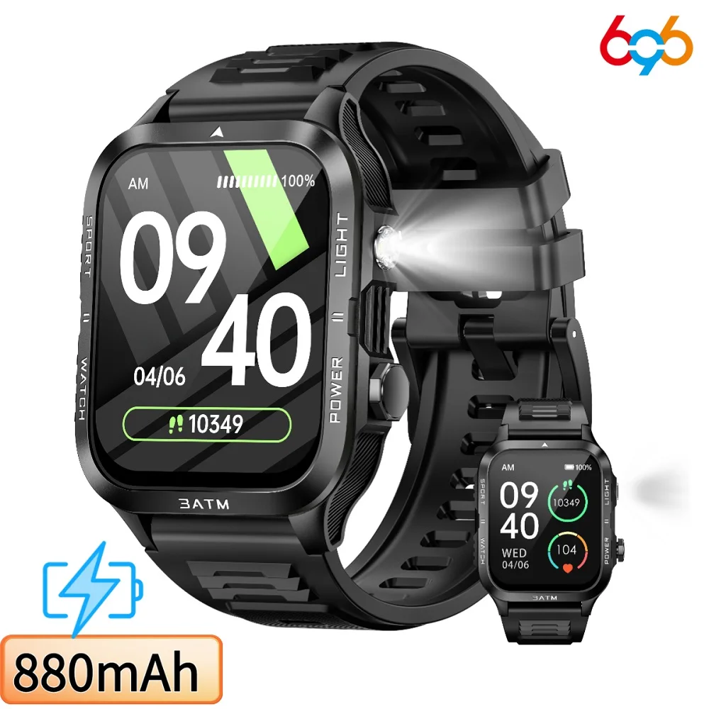 

Sports Fitness Outdoors Smart Watches Men 880mAh Flashlight BT Call 3ATM Waterproof Smartwatch Message Push Health Monitor Women