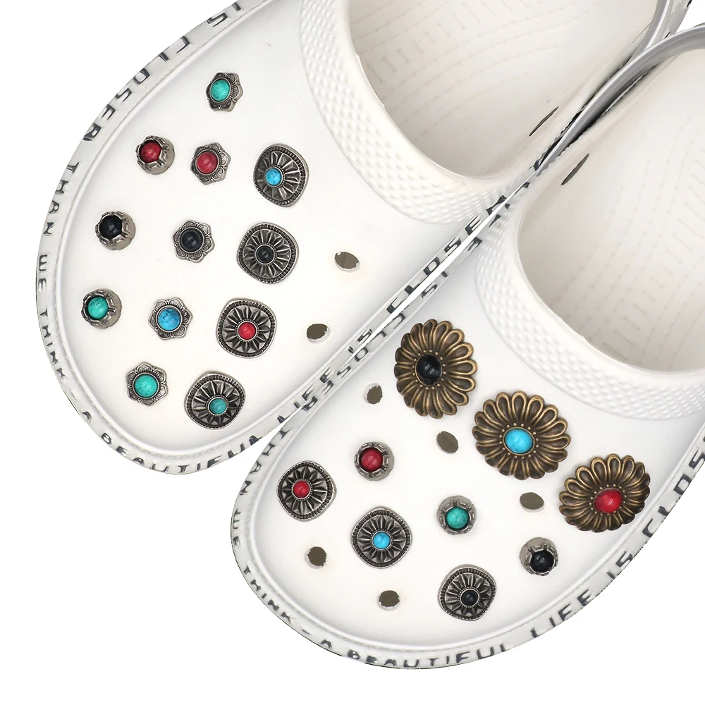 14 Pcs 1 Set Shoe Accessories Charm Round Halloween Pines Simulated Turquoise Metal Detachable Pins Sandals Decorations Gift