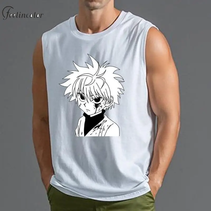 

Killua Gon Print Tank Tops for Men White Sleeveless T-Shirts Manga Graphic Vest Japanese Anime Tops Daily Male Clothing