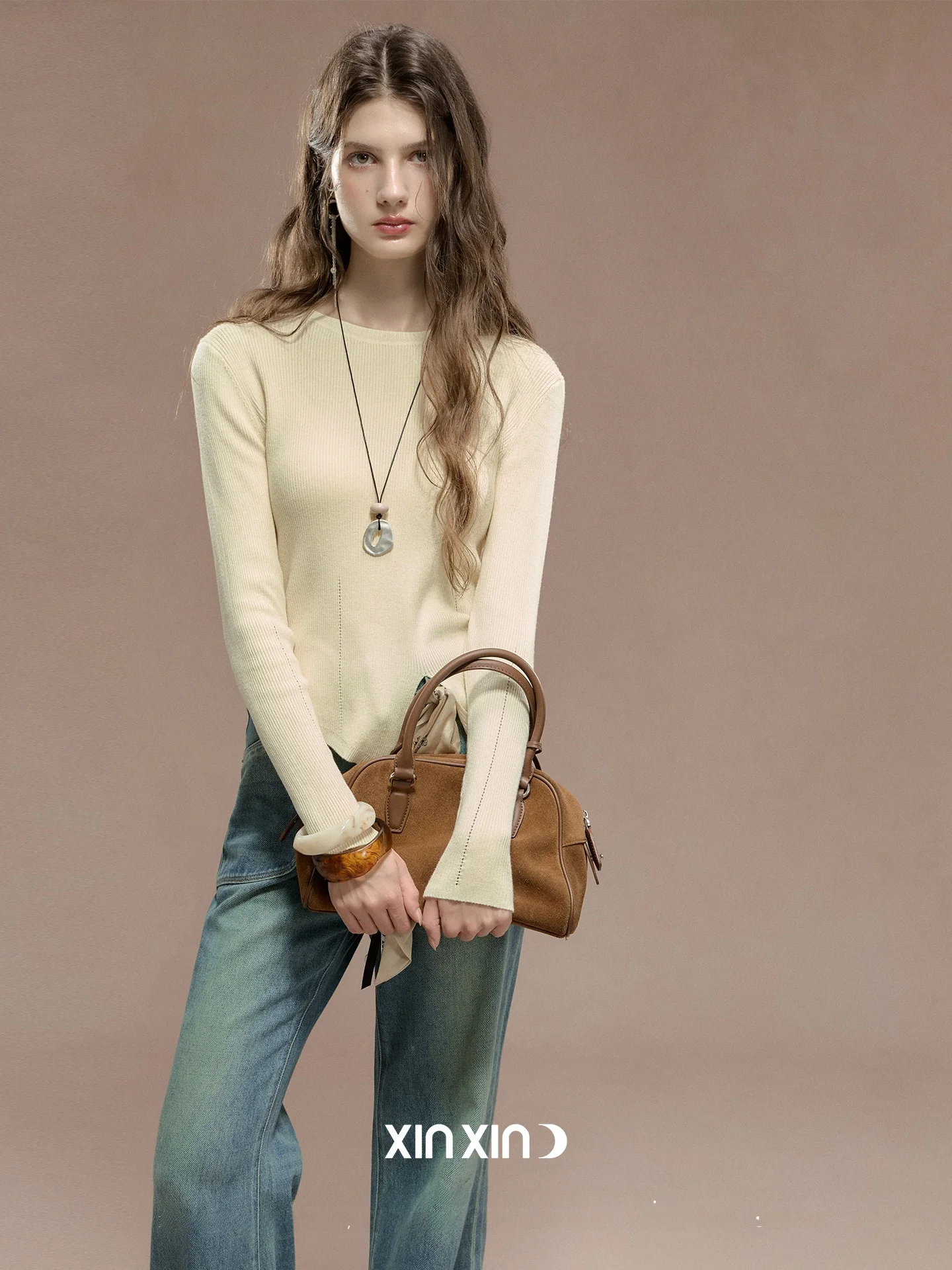 

XINXINYUE Practica Soft Cheese Yellow Lenzing Camere Hem Split Hollow Knitted Base Женская повседневная одежда Long Sve round...