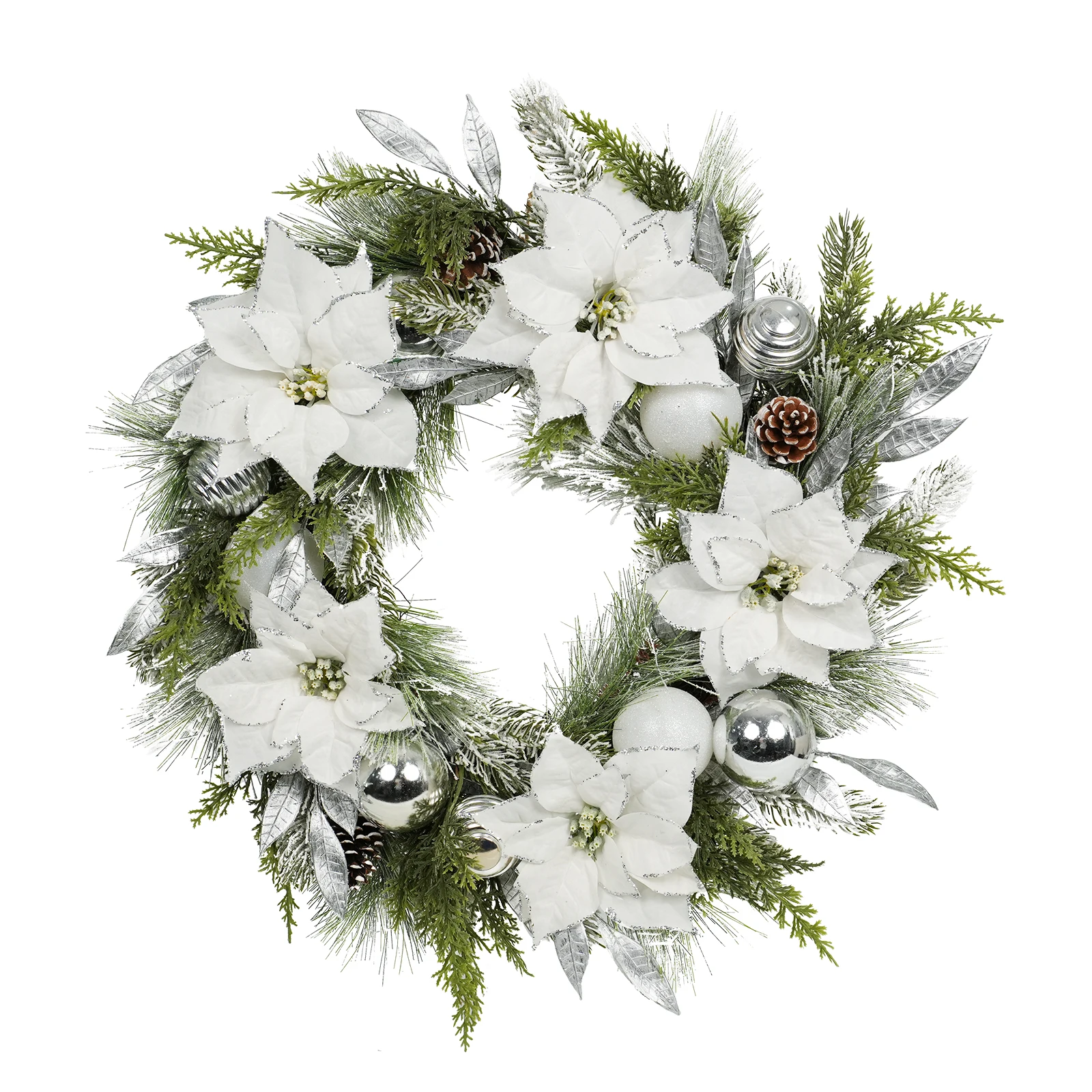 

24 Inch Artificial Christmas Wreath with White Poinsettia and Silver Balls, Holiday Door Decor for Outdoor, Front Door, Wall and