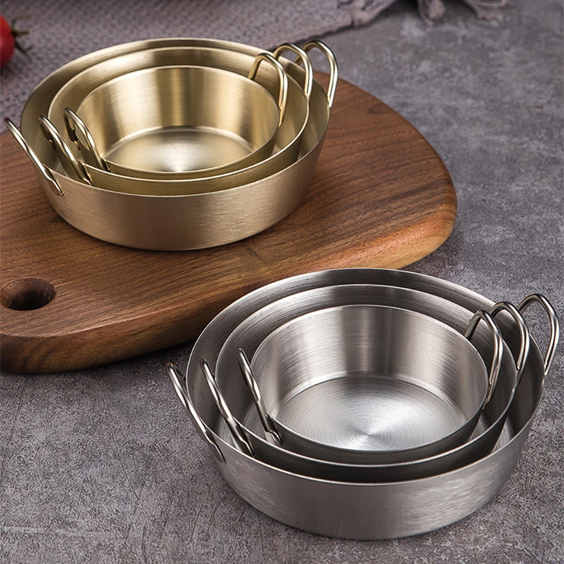 3 Sizes Stainless Steel Fruit Bowl with Handles Korean Round Pickle Dish Food Sauce Container Snack Basket Golden Dinnerware