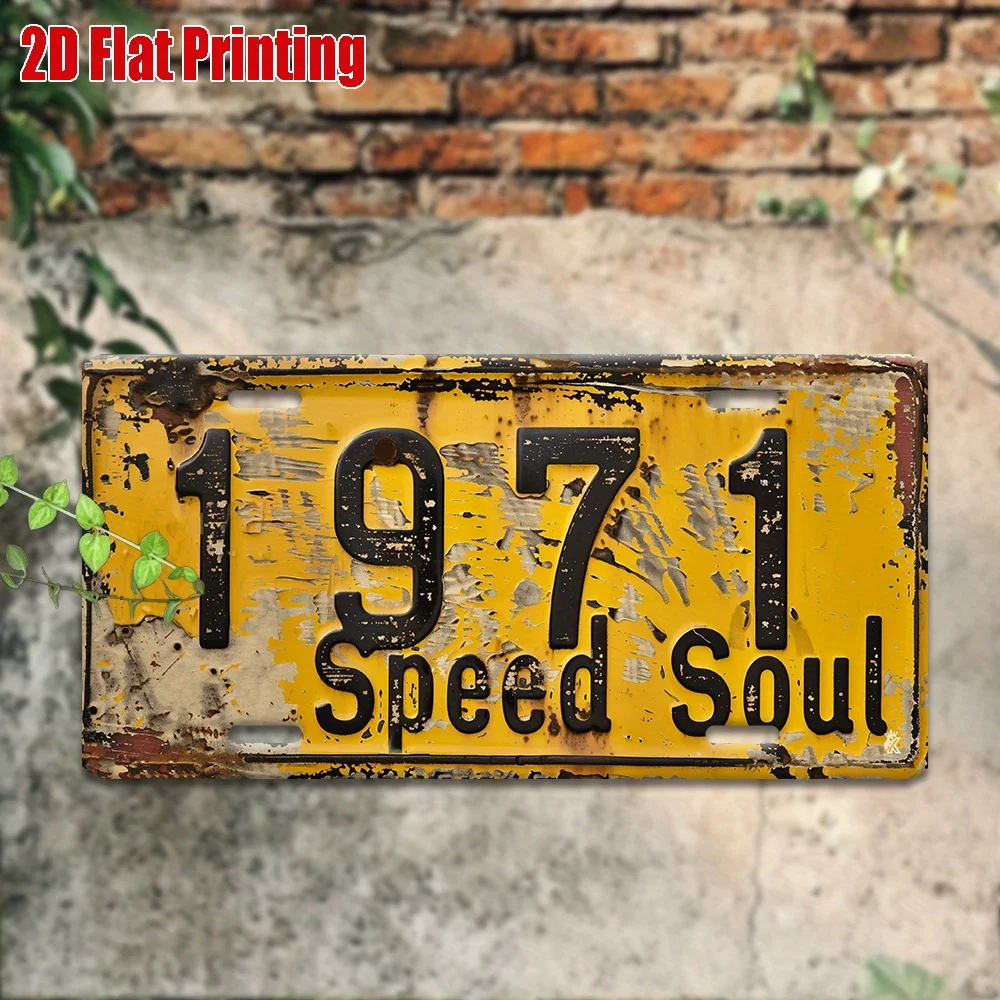 Placa de matrícula de metal vintage para pared, letrero amarillo rústico "1971 Speed Soul" con números negros, es, perfecto para garaje, bar, ca