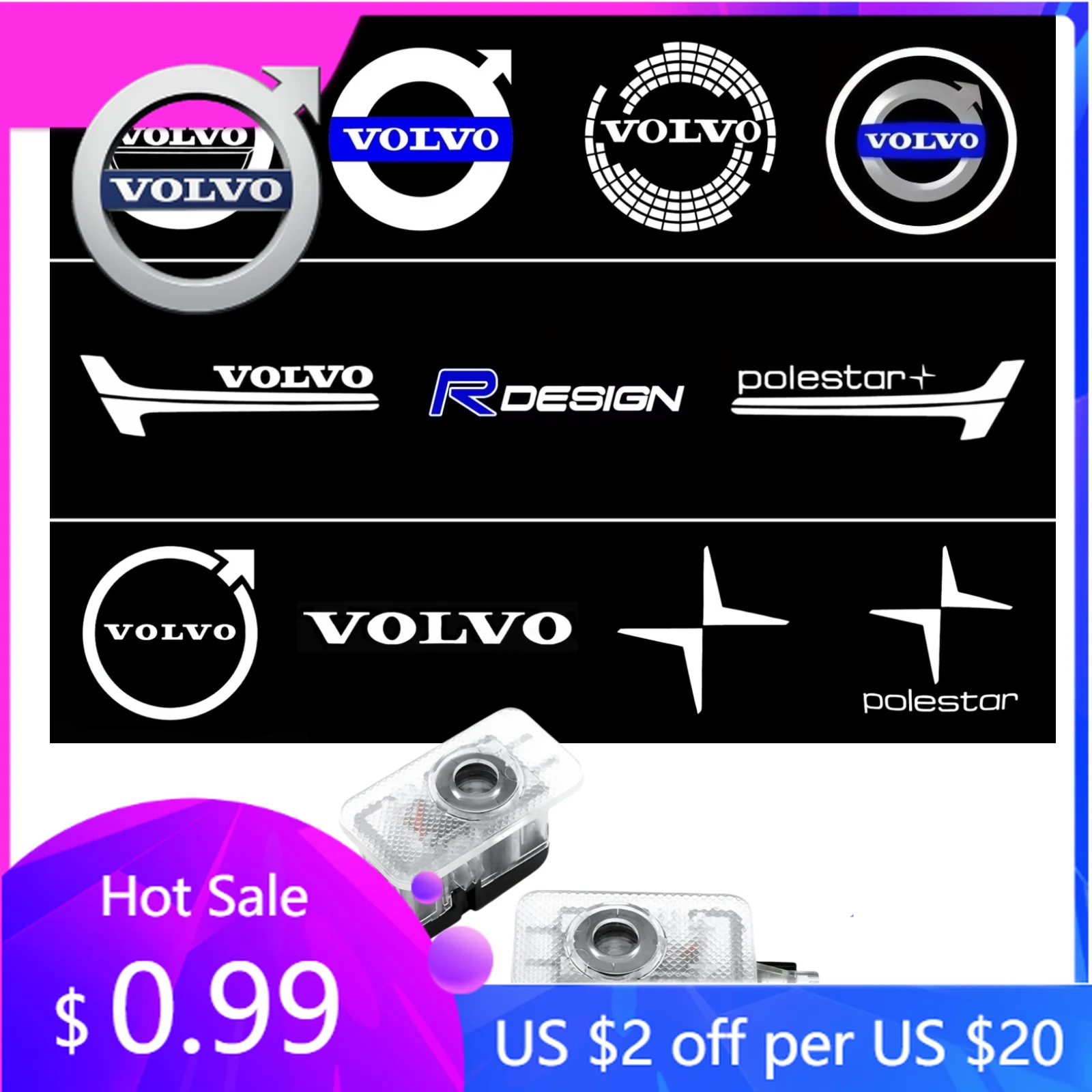 

Колпаки ступиц 2 шт. Автомобильный дверной светильник со светодиодной подсветкой лазерного проектора с логотипом лампы для Volvo Rdesign V50 S60 XC60 S40 XC40 XC90 V6 Acc