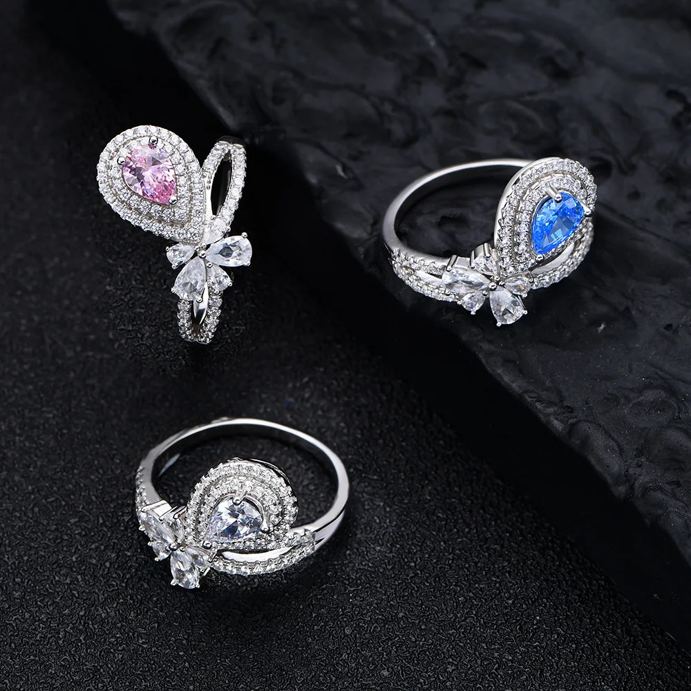 2022 New Product: Simulated Blue Topaz Ring for Women, 5 * 7 Water Drop Shaped Precision Inlaid 925 Pure Silver Jewelry