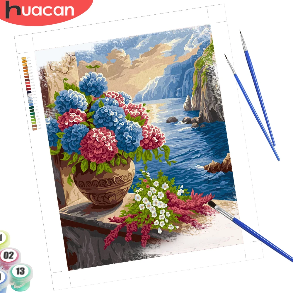 

HUACAN Painting By Numbers Hydrangea Flower Abstract Floral Draw On Canvas Sea Mountain Landscape Gift Wall Set Home Decor