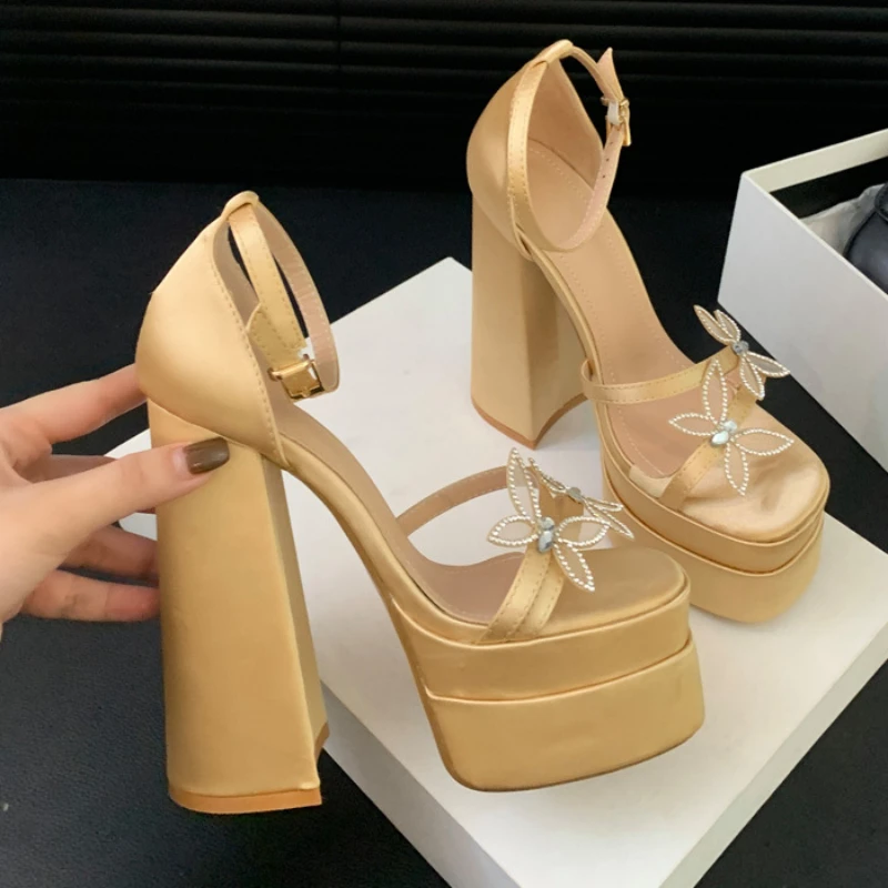 

15cm Platform High Heels for Model Catwalk Summer Women's Sandals Bowknot & Buckle Strap Thick Soled Shoes Golden Color