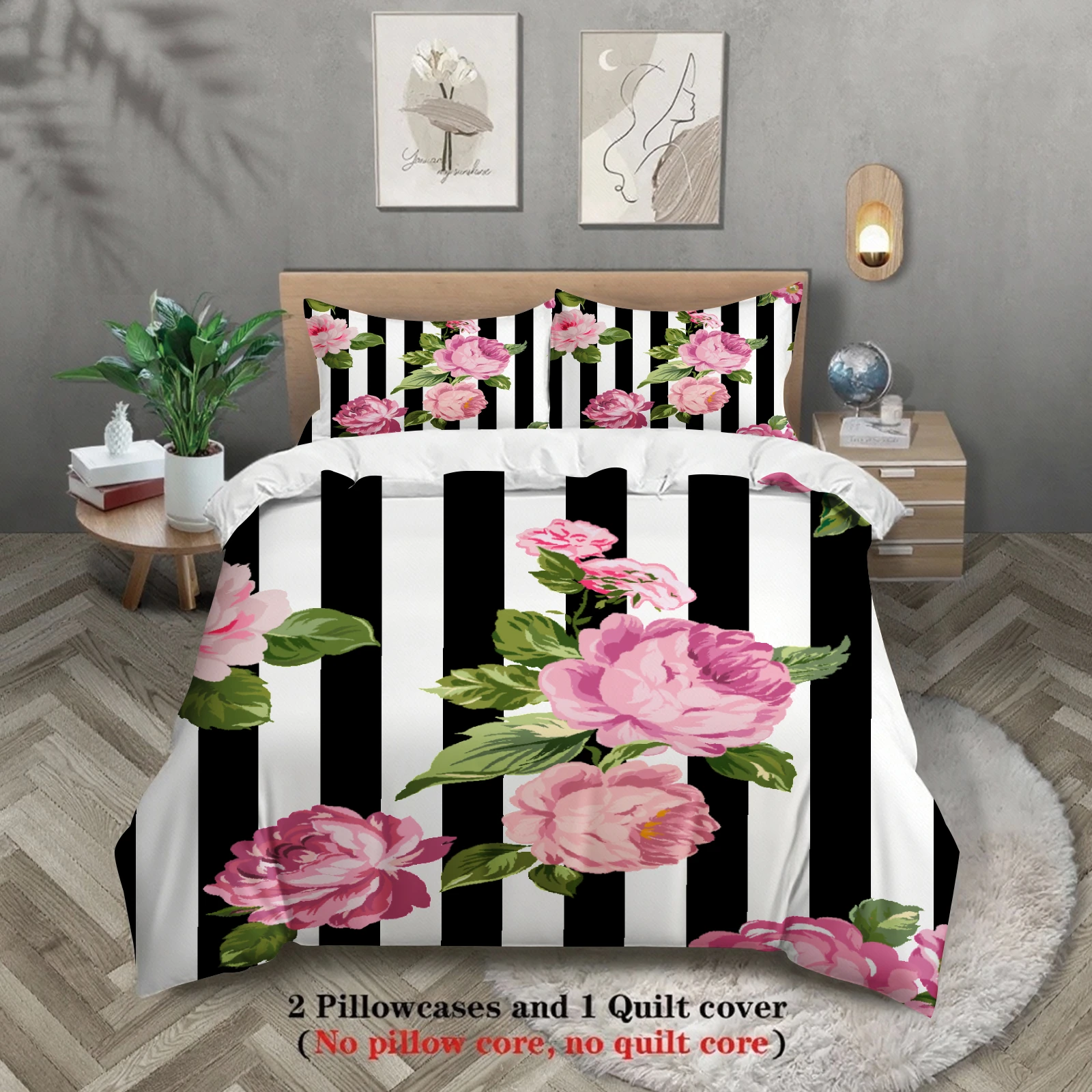 3pcs Pink Blossoms Duvet Cover Zebra Stripe Watercolor Style 3D Printed Single Twin Queen Size 100% Polyester Quilt Cover Sets